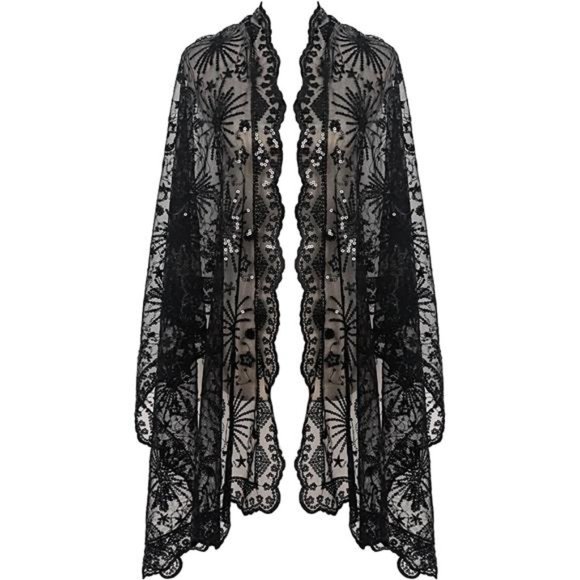 Boho Black Moon & Star Sheer Mesh Sequin Embellished Shawl Wrap Scarf Formal - Picture 4 of 7